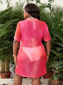 SHEIN Swim Curve Plus Size Women Solid Color Short Sleeve Smock Top For Summer Beach Vacation - Red - View 2