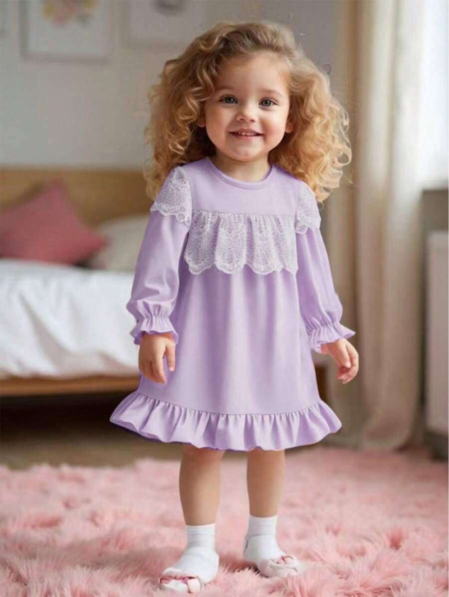 SHEIN Infant/Baby Girl Soft Solid Light Pink Long Sleeve Frilly Hem Nightgown Loungewear - Mauve Purple - View 1