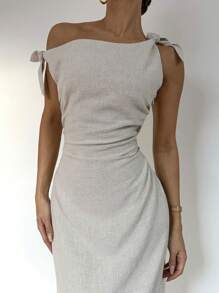 Siren Gaze Women's Solid Asymmetric Neckline Ruched Elegant Long Dress,Rave Outfits Festival Party Summer Evening Dress - Apricot - View 2