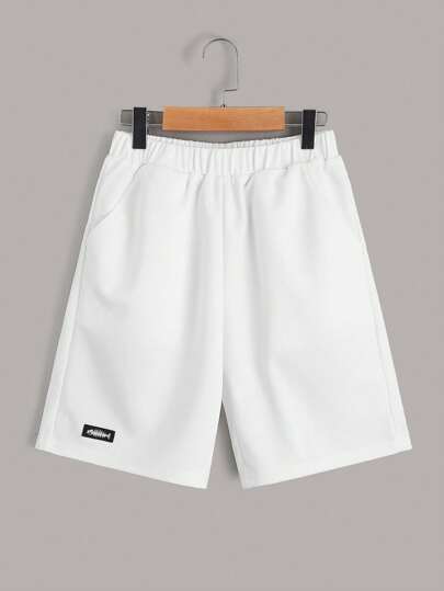 SHEIN Tween Boy Casual Minimalist Fish Bone Patch Slant Pocket Elastic Waist Shorts