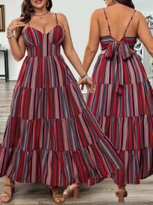 Breezaya Plus Size Women's Adjustable Spaghetti Strap Backless Bowknot Cinched Waist Long Striped Dress, Suitable For Summer Outfits, St. Patrick's Day, Rave, Festival, Spring Break, Boho