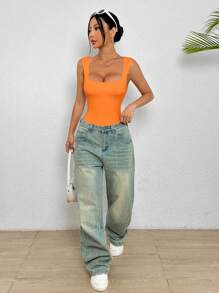 SHEIN PETITE Áo liền quần cổ tròn màu đen - trái cam - Xem 4