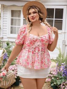 SHEIN VCAY Camisa de talla grande con cuello corazón, manga linterna y estampado floral