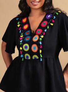 SHEIN Clasi 大码女式优雅度假钩针流苏下摆短袖衬衫，夏季 - 黑色 - 查看 4