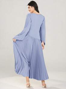 Modelyn Women's Elegant Solid Color Pleated Long Dress - Blue - View 2