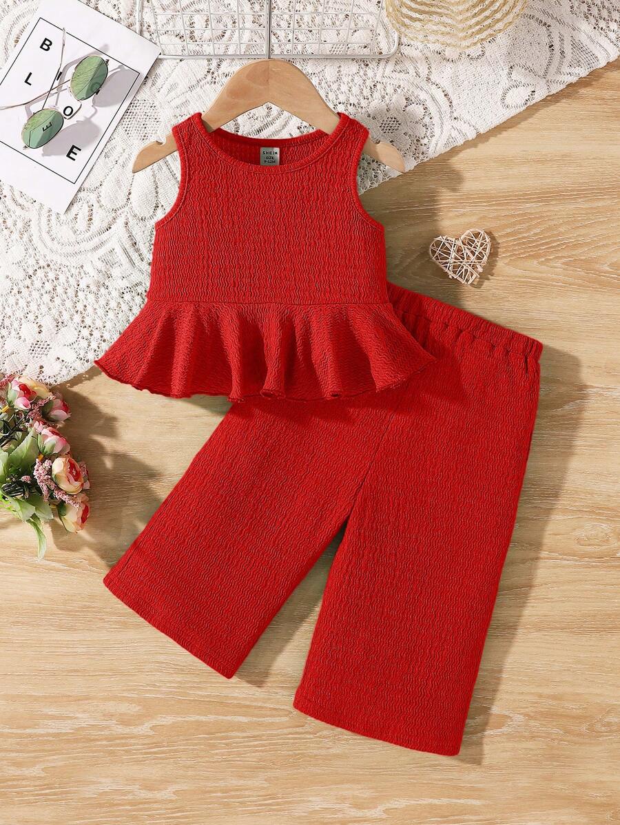 SHEIN Baby Girl Summer Cute Solid Color Textured Sleeveless Top And Elastic Waist Loose Pants Set - Red - View 1