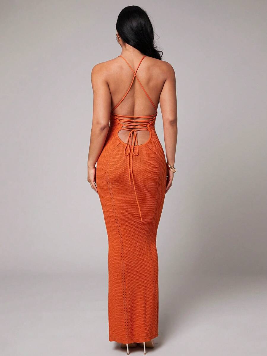 Silquee 女士纯橙色钩针镂空交叉后背弹力紧身长裙，适合海滩度假、女生夜生活、街头装扮、春假、泳池派对、欧洲度假、比基尼罩衫 - 亮橙色 - 查看 1