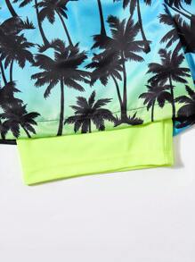 SHEIN 2pcs/Set Kids Tween Boy Casual Sports Solid Color Crew Neck Fitted Rash Guard And Print Beach Shorts Swimsuit Set