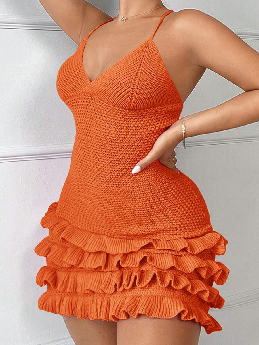 SHEIN SXY Summer Beach Vacation Colorful Plaid Crochet Strap Dress Swimsuit Cover-Up Orange Peplum Pumpkin - Orange - View 1