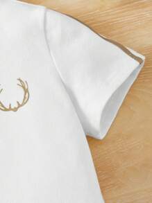 SHEIN Leap Crew 男童鹿角印花刺繡對比領短袖polo衫 - 白色 - 查看 3