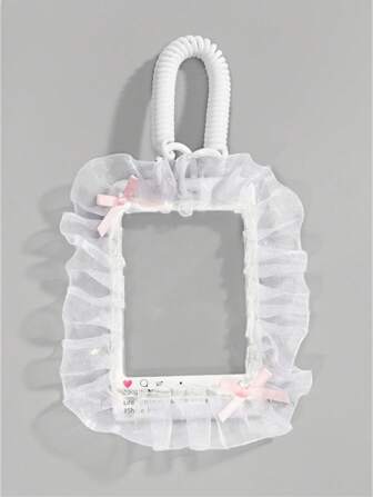 Kawaii 1pc Cute White Frill Bow Card Holder & Lanyard Set, Suitable As Student Back To School Gift And For Dorm Use