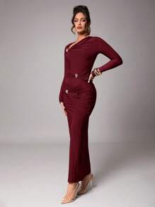 Silquee 女士优雅重叠设计长袖连衣裙，金属扣装饰，焦糖色、驼色、弹力针织面料，适合鸡尾酒会、约会之夜、冬季婚礼、伴娘、舞会、万圣节、圣诞节 - 酒紅色 - 查看 6