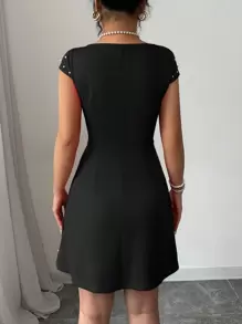 Elenzga Elegant Solid Color Mini Dress, European Style, Ruffle Shoulder Sleeve, Pearls Decor, Slim Fit Waist, A-Line Hem