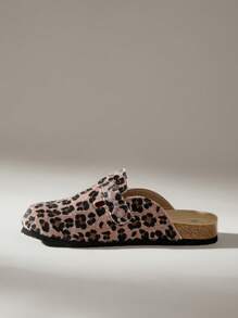 Solecia 女士豹纹圆头厚底拖鞋，休闲一脚蹬皮革拖鞋，适合日常、户外穿着