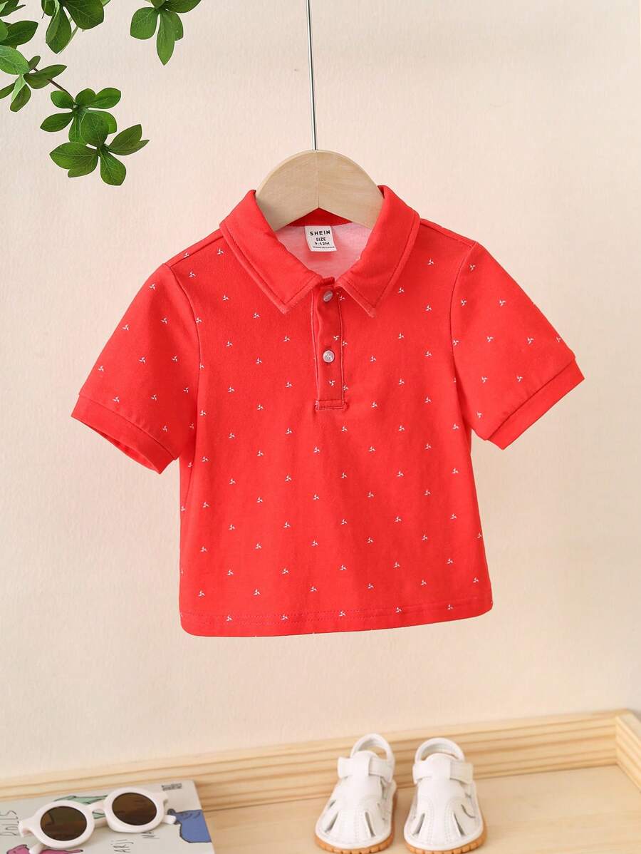 SHEIN Babyboy 针织柔软圆点领短袖套头衫 - 紅色 - 查看 1