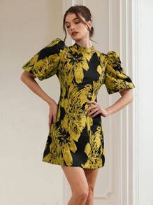 Aveloria Rosie 高端时尚撞色黑色底色和玫瑰红提花泡泡袖腰部收紧简约女式短袖迷你连衣裙波西米亚风度假时尚风格全身印花花卉印花适合夏季春秋季