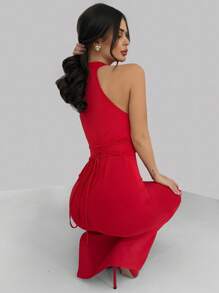 Firerie 全新 V 领褶皱腰系带露背开衩长裙，优雅浪漫约会派对礼服（红色） - 紅色 - 查看 2