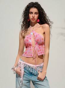 SHEIN LUNE 女士亮片性感露背无袖露脐吊带针织上衣，可爱上衣，露脐上衣，夏季度假女装，沙滩女装 - 粉色 - 查看 6