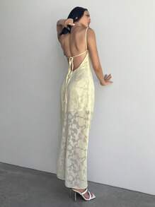 Aloruh Robe longue dos nu à fleurs en dentelle avec col drapé, jaune clair, pour femme. Convient pour les mariages, les vacances et les sorties. Style printemps et été. - Jaune citron - Voir 6