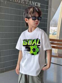 SHEIN Leap Crew Tricou cu mânecă scurtă cu imprimeu de fotbal casual Tween Boy, potrivit pentru vară