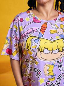 Nick 90s X SHEIN Conjunto de pijama de top de manga corta con estampado de retrato de dibujos animados y pantalones cortos para tallas grandes