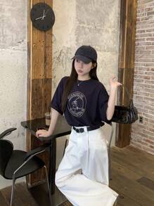DAZY Women's Round Neck Printed Short Sleeve Casual T-Shirt, Minimalist Daily Wear Summer Oversized T-Shirt