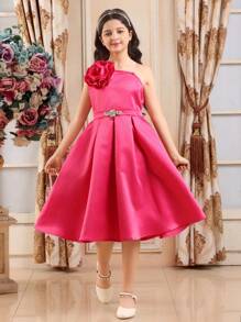 SHEIN Tween Girls Minimalist Floral Decor Simple Fashion Cami Dress, Suitable For Summer