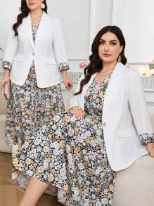Modelyn Plus Size Ditsy Floral Patchwork Blazer And Dress Set In Fall/Winter