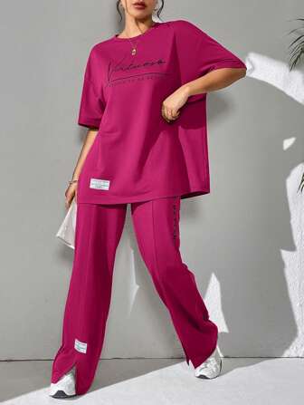 Mulvari 女式夏季标语印花落肩 T 恤和休闲裤 2 件套，休闲装运动服 2 件套休闲套装，适合散步/运动/返校和日常休闲装 2 件套