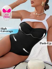 Swim DD+ Women's One-Piece Contrast Color Padded Wire Bra Push-Up Slimming Beach One Piece Swimsuit For Summer Beach Vacation - Black and White - View 5