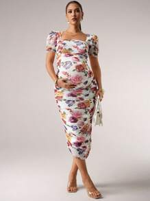SHEIN 泡泡袖花卉印花孕妇连衣裙 - 彩色 - 查看 5