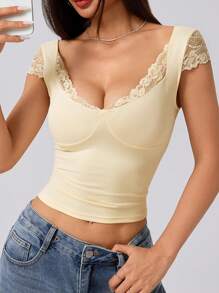 SHEIN SXY Camiseta de mujer de verano nueva con corte de encaje y escote en V, ajuste slim