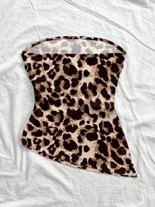 Soleia Women's Leopard Floral Print Ruched Asymmetric Bandeau Vacation Top, Suitable For Summer - Multicolor - View 2