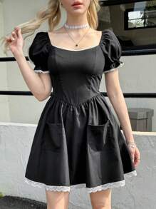 SHEIN Teen Girl's Black Elegant Square Neck Puff Sleeve Ruffle Trim Color Block Skater Dress - Black - View 1