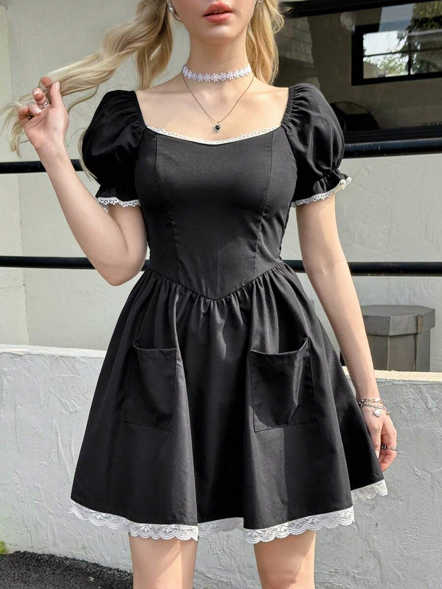 SHEIN Teen Girl's Black Elegant Square Neck Puff Sleeve Ruffle Trim Color Block Skater Dress - Black - View 1