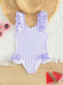 SHEIN Young Girl Swimsuit/Random Stripe/Ruffled Unlined/One-Piece Swimwear - Multicolor - View 1