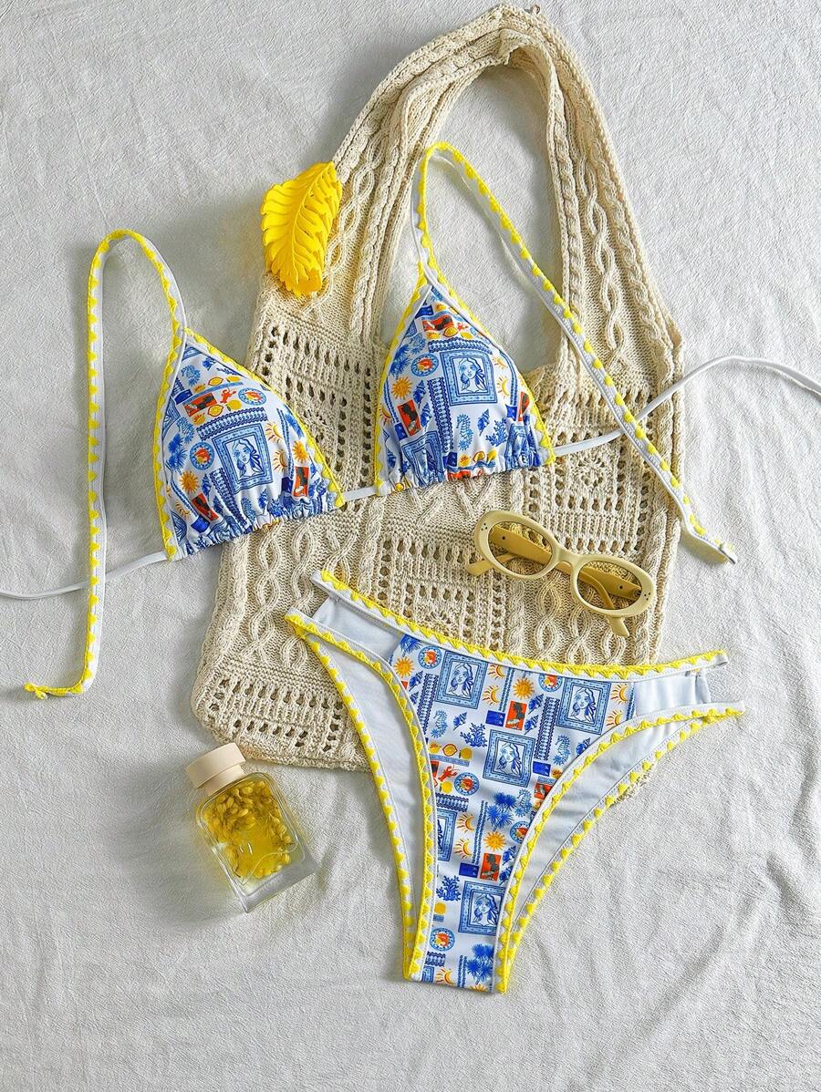 SHEIN Swim Women's Contrast Trim Hollow Out Halter Bikini Set, 2 Pieces Bathing Suit For Summer Beach Vacation - Multicolor - View 1