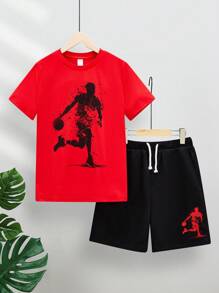 SHEIN 2pcs Tween Boy's Loose Fit Basketball Pattern Crew Neck Short Sleeve T-Shirt And Shorts Set - Red - View 1