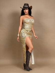 SHEIN SXY 女士性感亮片高开叉露肩连衣裙、女士礼服、女士性感俱乐部服装、女士西装、女士音乐会服装、狂欢、节日、管状、亮片、纳什维尔服装、金色