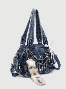 ROMWE Grunge Punk Women's Vintage Distressed Ombre Cross & Heart Decor Shoulder Tote Bag With Bowknot, Large Capacity Multi-Pocket Shoulder Bag - Blue - View 2