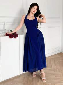 Feyla Vestido de tubo de unicolor con cuello halter hasta la pantorrilla, minimalista y de moda, adecuado para el verano, para mujeres