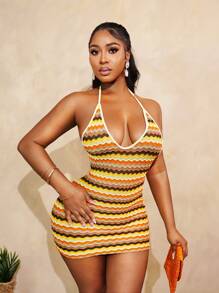 BamGleam Women's Vacation Colorful Striped Crochet Sexy Fitted Halter Backless Mini Dress,Summer Outfits For Women,Vacation Outfits Woman,Beach Outfits,Brunch Outfits For Women,Rave Outfits Festival,Gyaru,Western Wear Women - Multicolor - View 7
