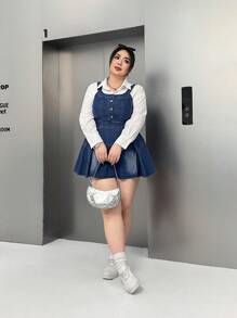 SHEIN EZwear Plus Size Cinched Waist Strap Mini Denim Dress