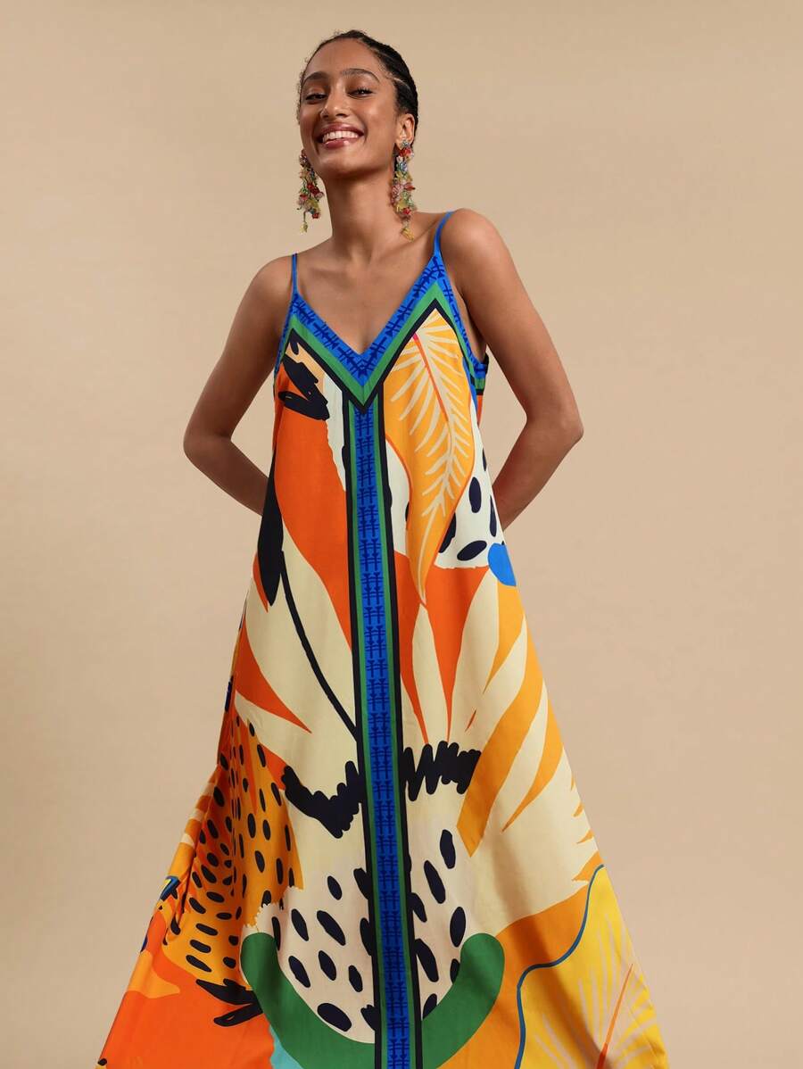 Travachic 女士 V 领不对称下摆印花度假连衣裙 - 彩色 - 查看 1