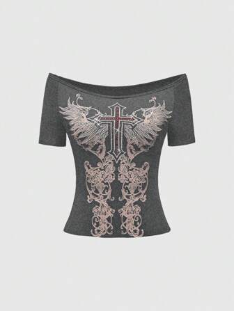 Grunge Punk Camiseta de mujer de manga corta con hombros descubiertos con estampado de cruz y alas
