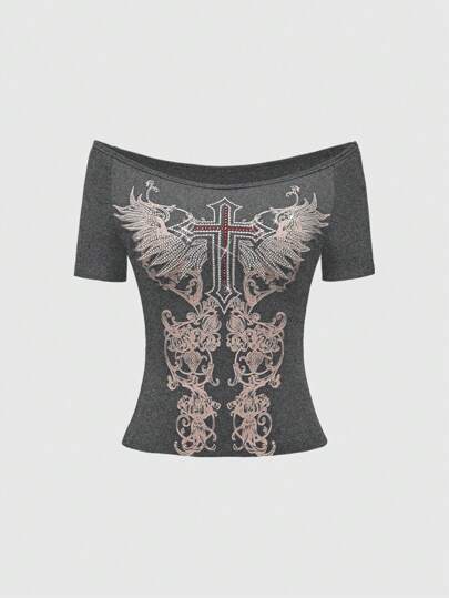 Grunge Punk Camiseta de mujer de manga corta con hombros descubiertos con estampado de cruz y alas