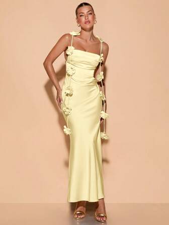 SHEIN BAE 春夏女式派对碎花细肩带露背垂坠领度假连衣裙、婚礼宾客连衣裙