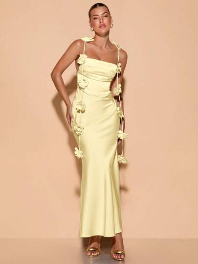 SHEIN BAE 春夏女式派对碎花细肩带露背垂坠领度假连衣裙、婚礼宾客连衣裙