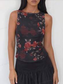 SHEIN Essnce Dames Tanktop met bloemenprint en mouwloos, aansluitend model