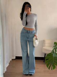 Elenzga Neuer asymmetrischer Kragen Langarm T-Shirt für Frühling & Herbst, sexy und elegante kurze aprikotfarbene Bluse für Frauen